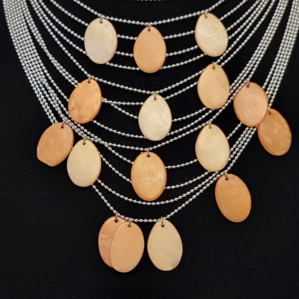 Orange & Silver Tone Multi Strand Waterfall Bib Necklace Statement Retro Boho